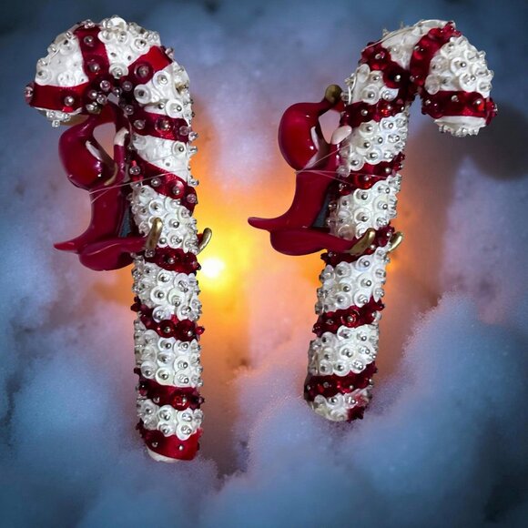 Vintage Japan Elf on Candy Cane Ornaments • 1950s Beaded Sequin Santa Elf Pair • - Picture 2 of 7